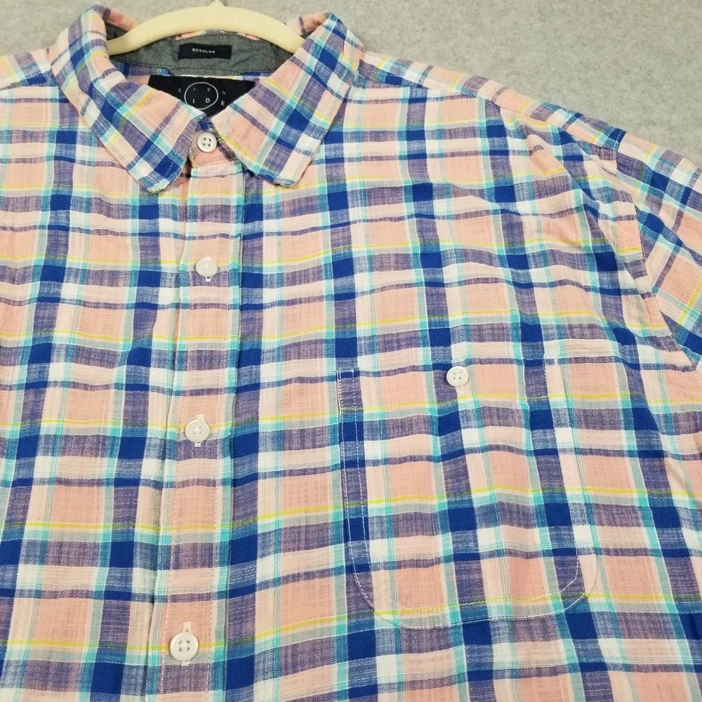 Even Tide Button Up Shirt Mens 2XL XXL Pink Blue Plaid Short Sleeve Work Casual